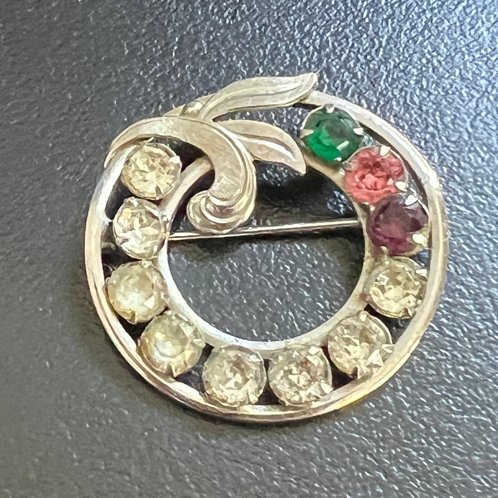 Vintage Van Dell Brooch Sterling Silver Multi Color Rhinestones Round Leaves Pin